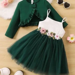 Baby girls Ruffle Trim Jacket & Appliques Mesh Flare Hem Cami Dress