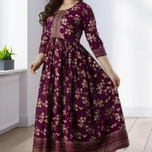 New printed anarkali wine gown