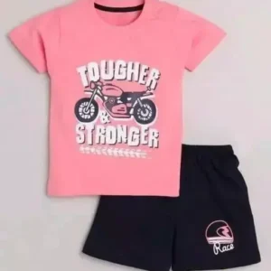 New Trendy Stylish Peach & Black Hosiery Cotton Set – Printed T-Shirt & Shorts for Effortless Comfort for Kids